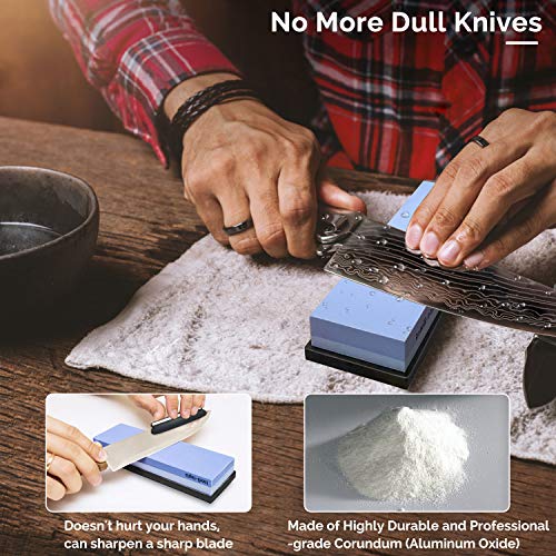 Complete Knife Sharpening Stone Set – Dual Grit Whetstone 400/1000 3000/8000 Premium Whetstone Knife Sharpener with Leather Strop, Flattening Stone, Bamboo Base, 3 Non-slip Rubber Bases & Angle Guide