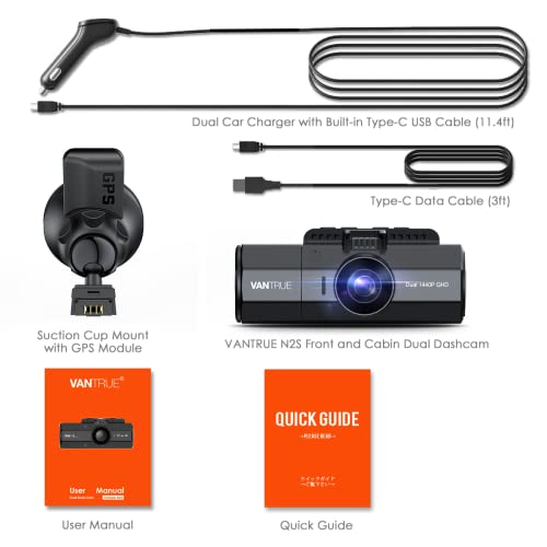 Vantrue N2S 4K Dash Cam with GPS, Front and Inside Dual 2.5K 1440P, IR Night Vision Uber Car Camera, 24/7 Recording Parking Mode, Motion Detection, 256GB Supported