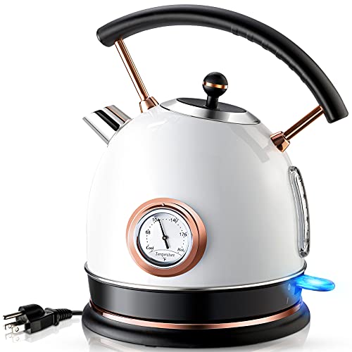 Pukomc Retro Electric Kettle Stainless Steel 1.8L Tea Kettle, Hot Water Boiler with Temperature Gauge, Led Light, Fast Boiling, Auto Shut-Off&Boil-Dry Protection (White)