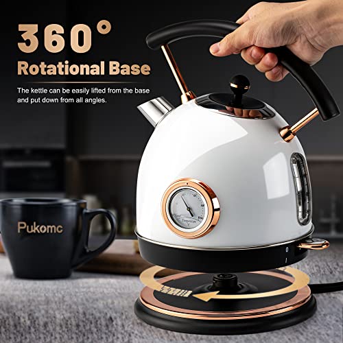 Pukomc Retro Electric Kettle Stainless Steel 1.8L Tea Kettle, Hot Water Boiler with Temperature Gauge, Led Light, Fast Boiling, Auto Shut-Off&Boil-Dry Protection (White)