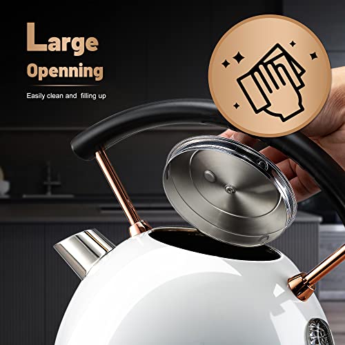 Pukomc Retro Electric Kettle Stainless Steel 1.8L Tea Kettle, Hot Water Boiler with Temperature Gauge, Led Light, Fast Boiling, Auto Shut-Off&Boil-Dry Protection (White)