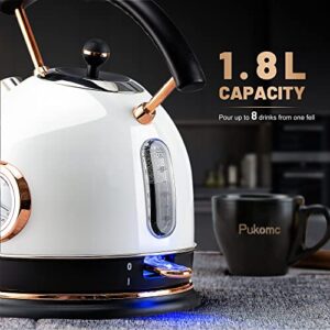 Pukomc Retro Electric Kettle Stainless Steel 1.8L Tea Kettle, Hot Water Boiler with Temperature Gauge, Led Light, Fast Boiling, Auto Shut-Off&Boil-Dry Protection (White)