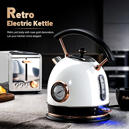 Pukomc Retro Electric Kettle Stainless Steel 1.8L Tea Kettle, Hot Water Boiler with Temperature Gauge, Led Light, Fast Boiling, Auto Shut-Off&Boil-Dry Protection (White)