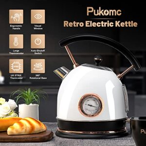 Pukomc Retro Electric Kettle Stainless Steel 1.8L Tea Kettle, Hot Water Boiler with Temperature Gauge, Led Light, Fast Boiling, Auto Shut-Off&Boil-Dry Protection (White)