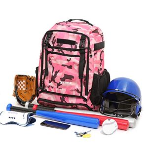 ZOEA Baseball Bat Bag Backpack, T-Ball & Softball Equipment & Gear for Youth and Adults, Large Capacity Holds 4 Bats, Helmet, Gloves, Cleats,Shoes Compartment & Helmet Holder (Camouflage Red)