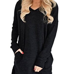 XUERRY Womens Casual V-NECK Long Sleeves Pocket Solid Color Sweatshirt Tunics Blouse Tops (X9009Black,L)