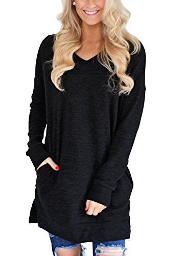 XUERRY Womens Casual V-NECK Long Sleeves Pocket Solid Color Sweatshirt Tunics Blouse Tops (X9009Black,L)