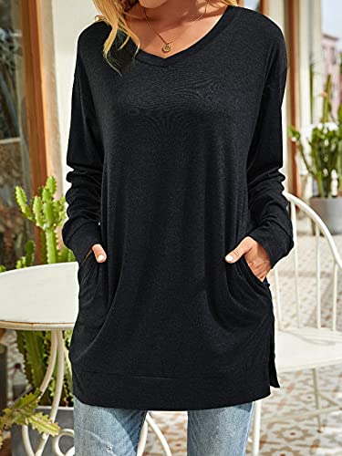 XUERRY Womens Casual V-NECK Long Sleeves Pocket Solid Color Sweatshirt Tunics Blouse Tops (X9009Black,L)