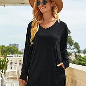 XUERRY Womens Casual V-NECK Long Sleeves Pocket Solid Color Sweatshirt Tunics Blouse Tops (X9009Black,L)