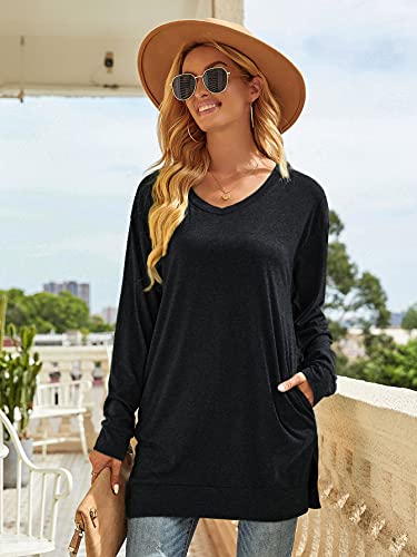 XUERRY Womens Casual V-NECK Long Sleeves Pocket Solid Color Sweatshirt Tunics Blouse Tops (X9009Black,L)