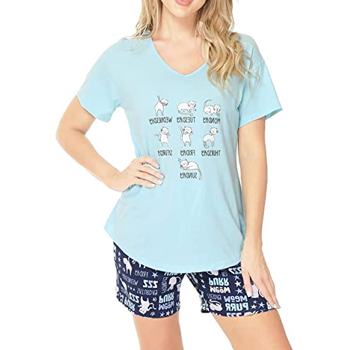 CHUNG Women Short Sleeve Shirt Pajamas Set with Shorts Bottom Pants Cotton V-neck Cute Pjs Sleepwear Lounge Wear Plus Size Summer (Medium, Blue Cat)