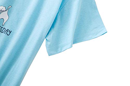 CHUNG Women Short Sleeve Shirt Pajamas Set with Shorts Bottom Pants Cotton V-neck Cute Pjs Sleepwear Lounge Wear Plus Size Summer (Medium, Blue Cat)