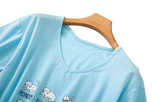 CHUNG Women Short Sleeve Shirt Pajamas Set with Shorts Bottom Pants Cotton V-neck Cute Pjs Sleepwear Lounge Wear Plus Size Summer (Medium, Blue Cat)