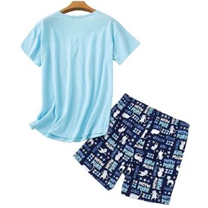 CHUNG Women Short Sleeve Shirt Pajamas Set with Shorts Bottom Pants Cotton V-neck Cute Pjs Sleepwear Lounge Wear Plus Size Summer (Medium, Blue Cat)