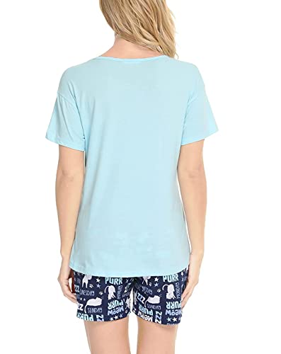 CHUNG Women Short Sleeve Shirt Pajamas Set with Shorts Bottom Pants Cotton V-neck Cute Pjs Sleepwear Lounge Wear Plus Size Summer (Medium, Blue Cat)