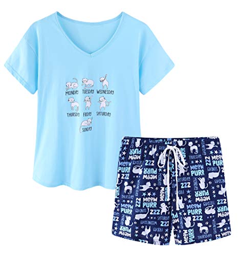 CHUNG Women Short Sleeve Shirt Pajamas Set with Shorts Bottom Pants Cotton V-neck Cute Pjs Sleepwear Lounge Wear Plus Size Summer (Medium, Blue Cat)