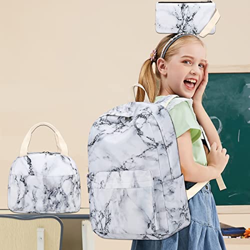 Bluboon Teen Girls School Backpack Kids Bookbag Set with Lunch Box Pencil Case Travel Laptop Backpack Casual Daypacks (Marble 1)