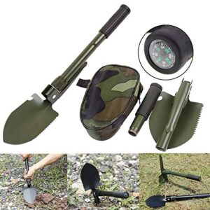 hovico military portable folding shovel and pickax, small compact pickaxe with carrying pouch, military entrenching survival multitool for camping, hiking, backpacking, pouch included - green