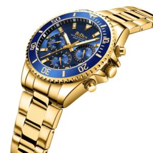 BIDEN Mens Watches Chronograph Gold Blue Stainless Steel Waterproof Date Analog Quartz Watch Business Casual Fashion Wrist Watches for Men