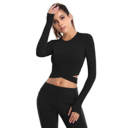 DREAM SLIM Women Long Sleeve Crop Tops Tummy Cross Crewneck Yoga Running Shirts Gym Workout Crop Tops with Thumb Holes (Black Long, M)