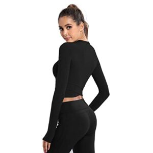 DREAM SLIM Women Long Sleeve Crop Tops Tummy Cross Crewneck Yoga Running Shirts Gym Workout Crop Tops with Thumb Holes (Black Long, M)