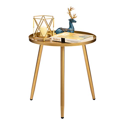 HollyHOME Accent Small Round End Table, Modern Metal Waterproof Outdoor&Indoor Side Table for Small Spaces, Contemporary Nightstand/Sofa Coffee Table, (H) 19.69" x (D) 18.11", Gold