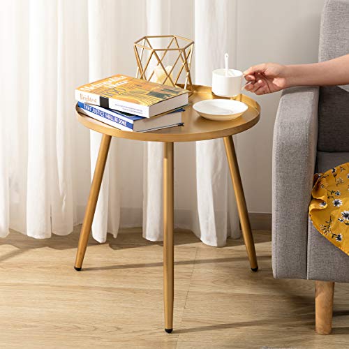 HollyHOME Accent Small Round End Table, Modern Metal Waterproof Outdoor&Indoor Side Table for Small Spaces, Contemporary Nightstand/Sofa Coffee Table, (H) 19.69" x (D) 18.11", Gold