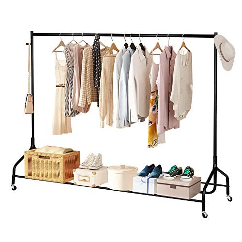 Rolling Clothes Rack, Heavy Duty Single Rolling Clothing Garment Rack Rod Garment Rack Organizer on Wheels with Top Rod Bag Hook