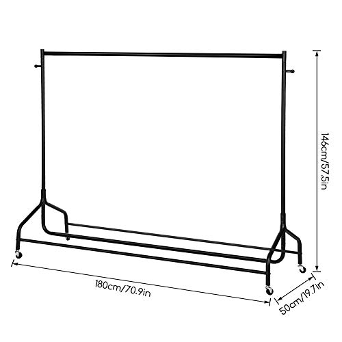 Rolling Clothes Rack, Heavy Duty Single Rolling Clothing Garment Rack Rod Garment Rack Organizer on Wheels with Top Rod Bag Hook