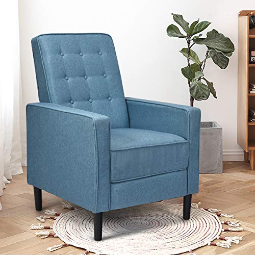 Giantex Push Back Recliner Chair, Modern Fabric Recliner w/Button-Tufted Back, Accent Arm Chair for Living Room, Bedroom, Home Office (Blue)