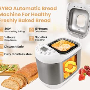 Sybo BM8501 Pro Bread Machine, 2 LB 19-in-1 Programmable XL Bread Maker Nonstick Pan & Digital Touch Panel, 3 Loaf Sizes 3 Crust Colors, Reserve & Keep Warm Set