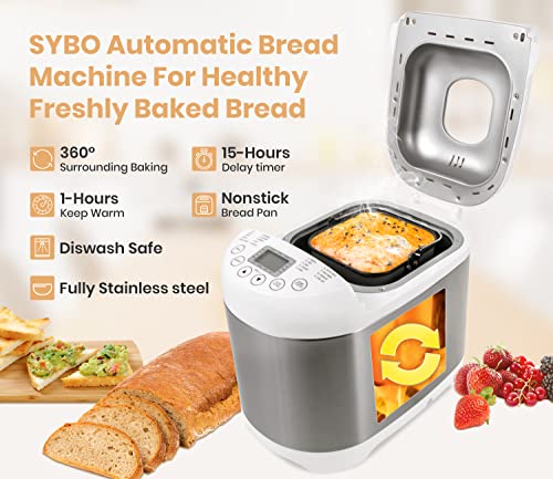 Sybo BM8501 Pro Bread Machine, 2 LB 19-in-1 Programmable XL Bread Maker Nonstick Pan & Digital Touch Panel, 3 Loaf Sizes 3 Crust Colors, Reserve & Keep Warm Set