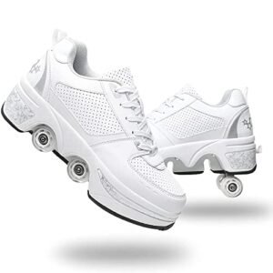 double-row deform wheel automatic walking shoes invisible deformation roller skate 2 in 1 removable pulley skates skating parkour (white silver, us 7.5)