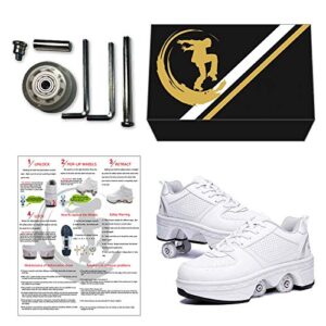 Double-Row Deform Wheel Automatic Walking Shoes Invisible Deformation Roller Skate 2 in 1 Removable Pulley Skates Skating Parkour (White Silver, US 7.5)