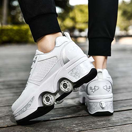 Double-Row Deform Wheel Automatic Walking Shoes Invisible Deformation Roller Skate 2 in 1 Removable Pulley Skates Skating Parkour (White Silver, US 7.5)