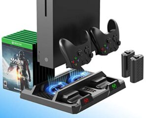 elecgear xbox one vertical charging stand with cooling fan, 2x 1200mah rechargeable battery pack for controller, games storage bracket, dual charger dock for xbox one, one s, one x and elite