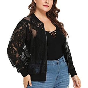 Floerns Women's Plus Size Sheer Floral Lace Long Sleeve Baseball Jacket Black 2XL