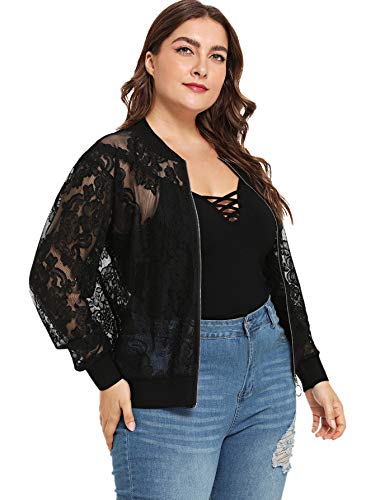 Floerns Women's Plus Size Sheer Floral Lace Long Sleeve Baseball Jacket Black 2XL