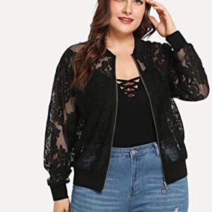 Floerns Women's Plus Size Sheer Floral Lace Long Sleeve Baseball Jacket Black 2XL