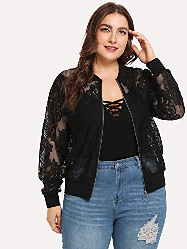 Floerns Women's Plus Size Sheer Floral Lace Long Sleeve Baseball Jacket Black 2XL