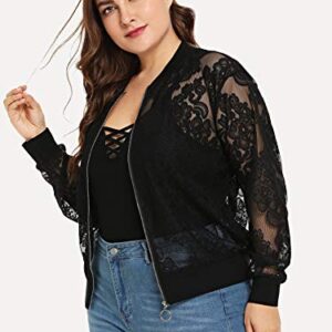 Floerns Women's Plus Size Sheer Floral Lace Long Sleeve Baseball Jacket Black 2XL