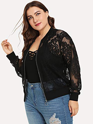 Floerns Women's Plus Size Sheer Floral Lace Long Sleeve Baseball Jacket Black 2XL