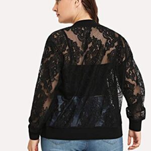 Floerns Women's Plus Size Sheer Floral Lace Long Sleeve Baseball Jacket Black 2XL