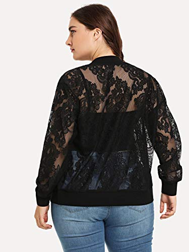 Floerns Women's Plus Size Sheer Floral Lace Long Sleeve Baseball Jacket Black 2XL