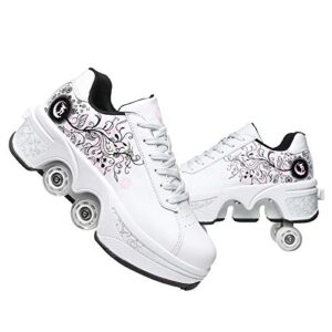double-row deform wheel automatic walking shoes invisible deformation roller skate 2 in 1 removable pulley skates skating parkour (white black powder, us 5.5)