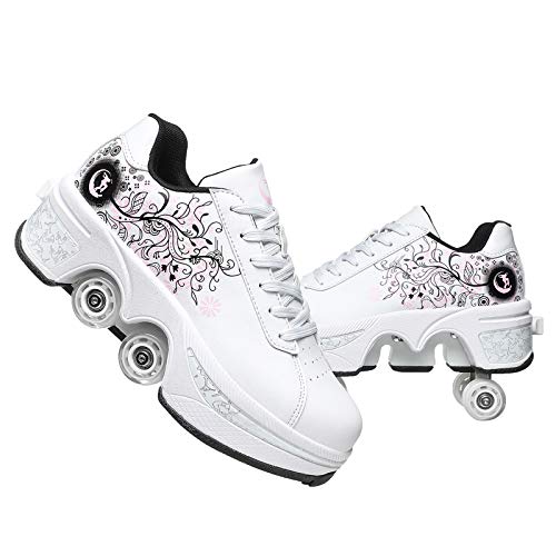 Double-Row Deform Wheel Automatic Walking Shoes Invisible Deformation Roller Skate 2 in 1 Removable Pulley Skates Skating Parkour (White Black Powder, US 5.5)