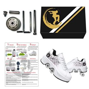 Double-Row Deform Wheel Automatic Walking Shoes Invisible Deformation Roller Skate 2 in 1 Removable Pulley Skates Skating Parkour (White Black Powder, US 5.5)