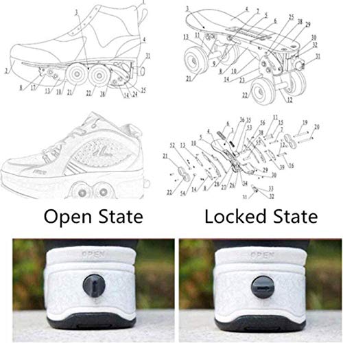 Double-Row Deform Wheel Automatic Walking Shoes Invisible Deformation Roller Skate 2 in 1 Removable Pulley Skates Skating Parkour (White Black Powder, US 5.5)