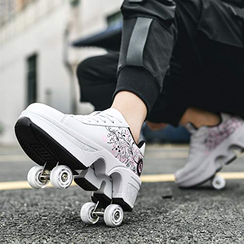 Double-Row Deform Wheel Automatic Walking Shoes Invisible Deformation Roller Skate 2 in 1 Removable Pulley Skates Skating Parkour (White Black Powder, US 5.5)