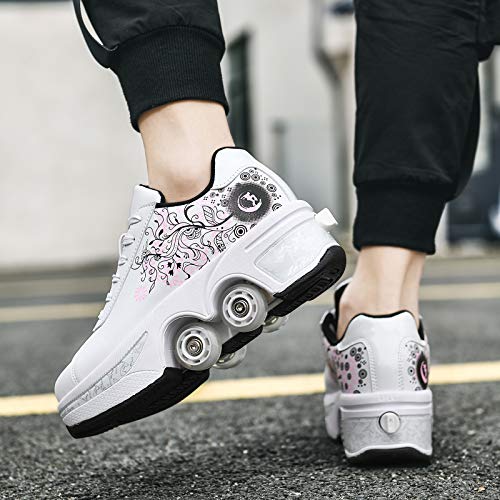 Double-Row Deform Wheel Automatic Walking Shoes Invisible Deformation Roller Skate 2 in 1 Removable Pulley Skates Skating Parkour (White Black Powder, US 5.5)